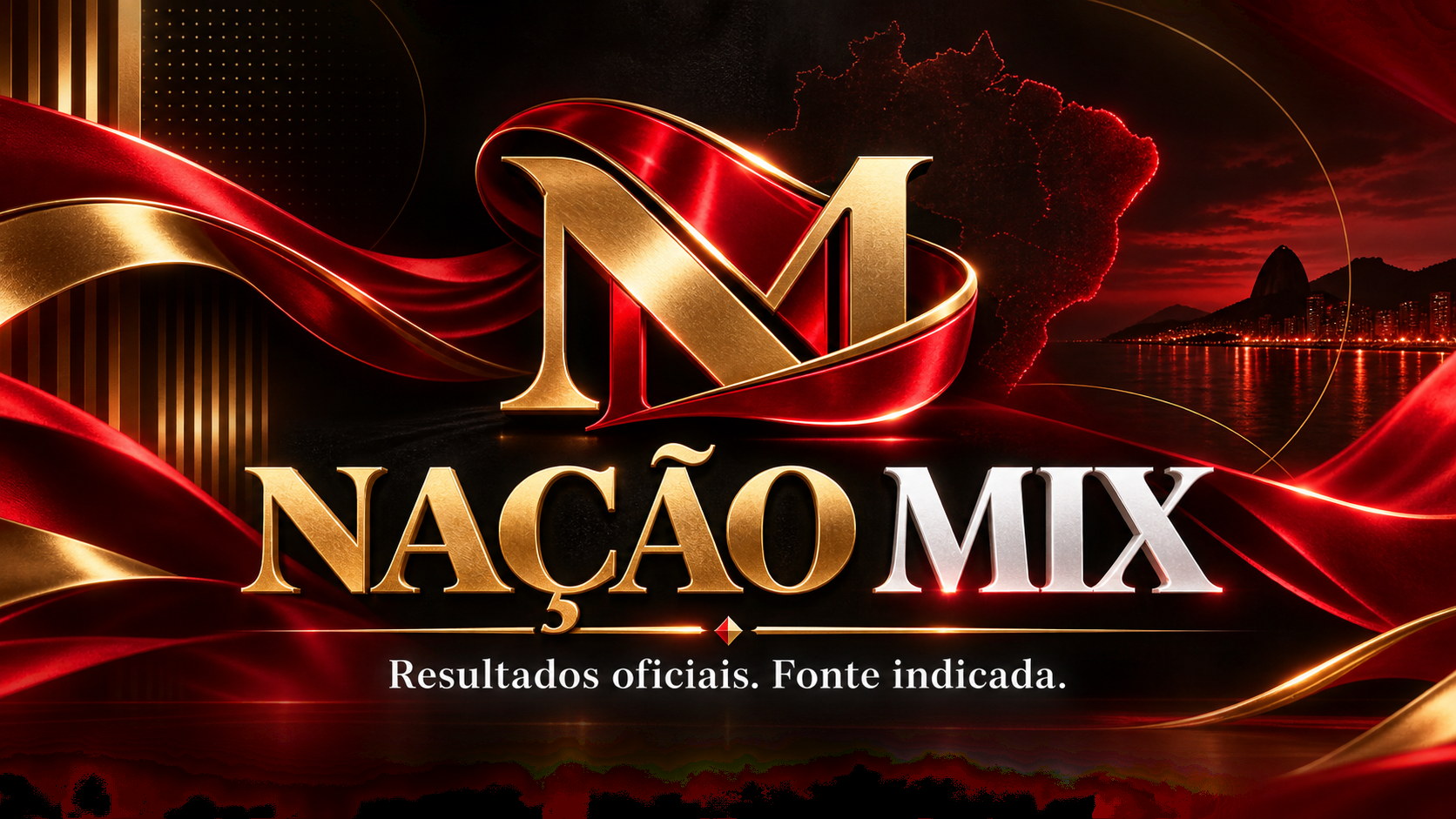 Identidade visual Nação Mix em preto, vermelho, dourado e branco, com o texto Resultados oficiais. Fonte indicada.
